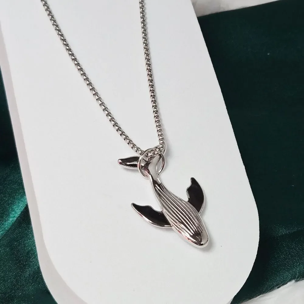 Humpback Whale Pendant Necklace 24” Stainless Steel Coastal Beachy Vacation Chic